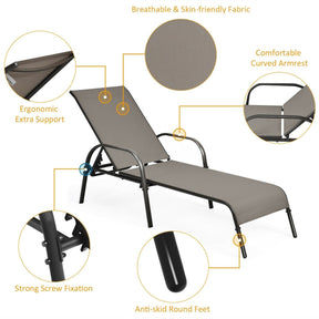 2 PCS Outdoor Chaise Lounges, 5-Position Adjustable Patio Reclining Chairs w/ Armrests, Heavy Duty Steel Sun Loungers for Pool, Yard, Beach