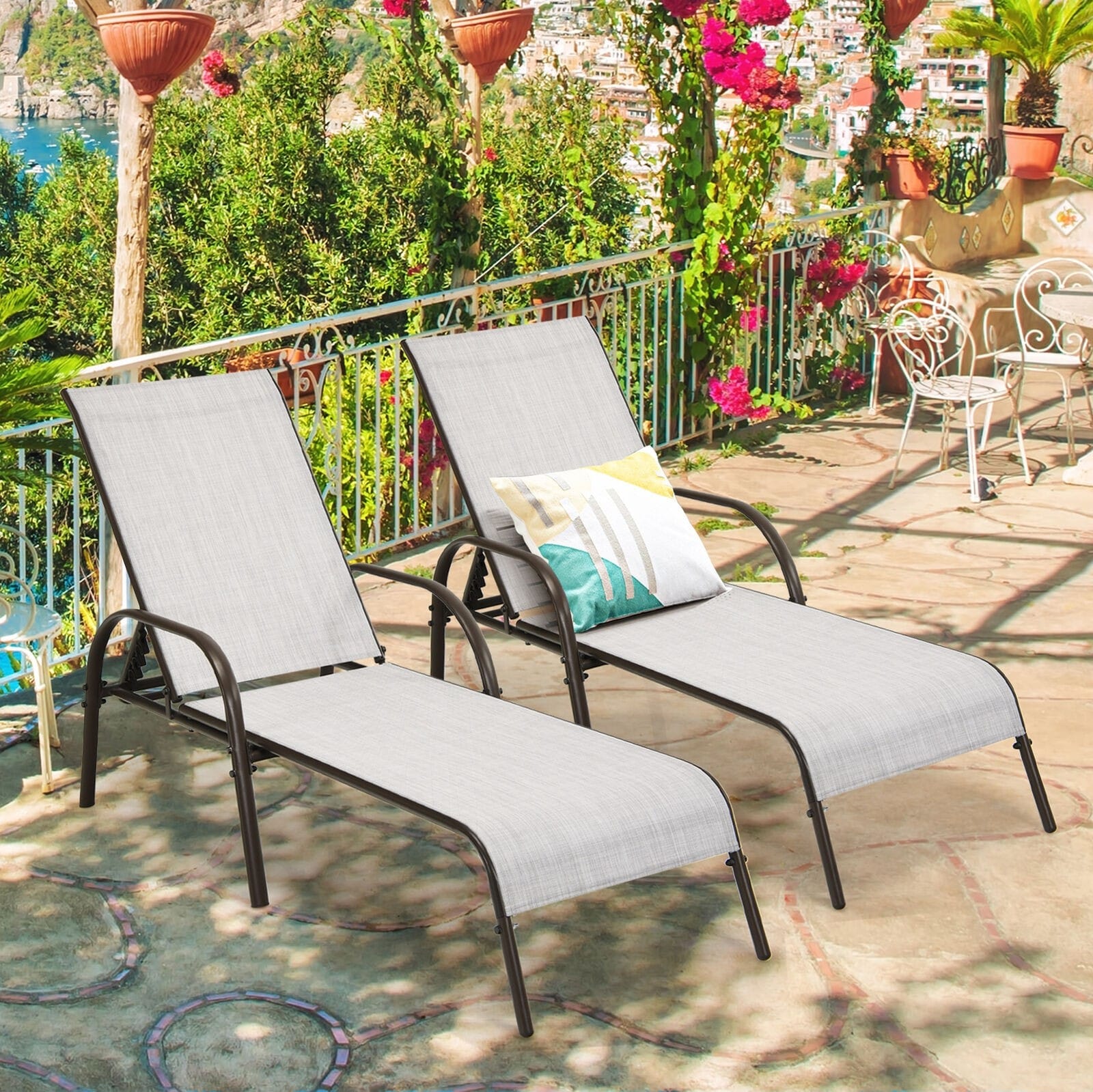 2 PCS Outdoor Chaise Lounges, 5-Position Adjustable Patio Reclining Chairs w/ Armrests, Heavy Duty Steel Sun Loungers for Pool, Yard, Beach