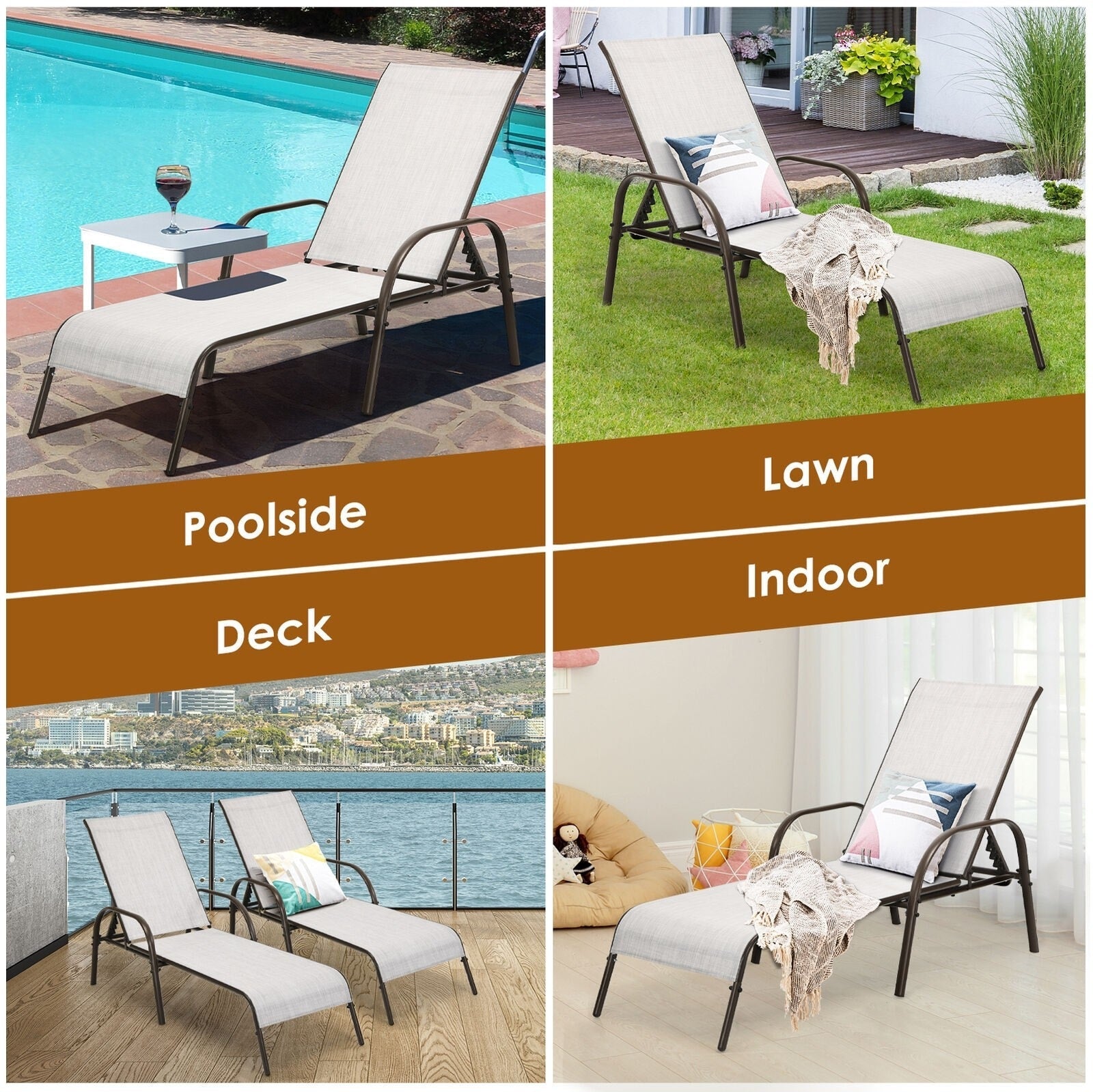 2 PCS Outdoor Chaise Lounges, 5-Position Adjustable Patio Reclining Chairs w/ Armrests, Heavy Duty Steel Sun Loungers for Pool, Yard, Beach