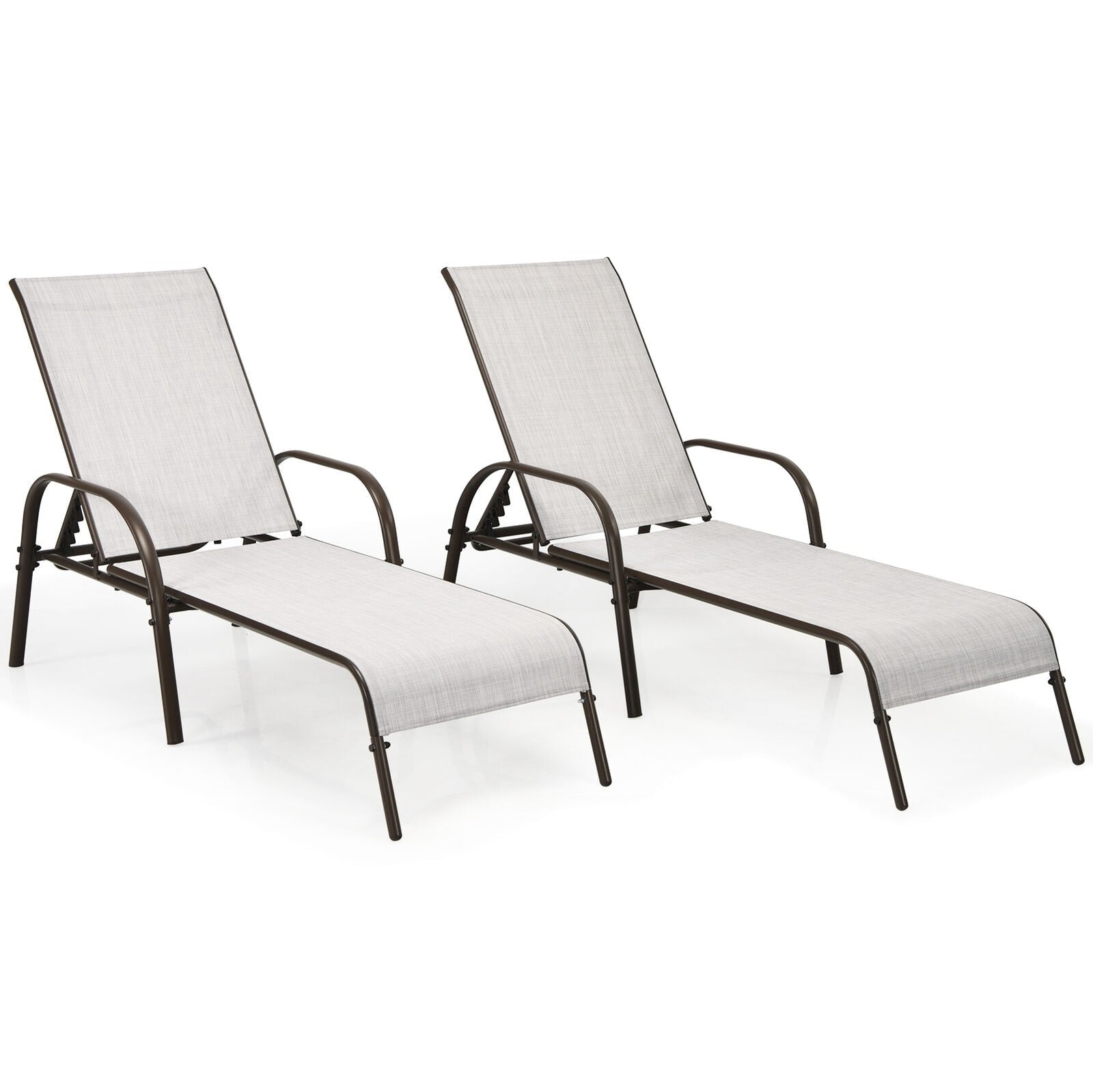 2 PCS Outdoor Chaise Lounges, 5-Position Adjustable Patio Reclining Chairs w/ Armrests, Heavy Duty Steel Sun Loungers for Pool, Yard, Beach