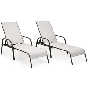 2 PCS Outdoor Chaise Lounges, 5-Position Adjustable Patio Reclining Chairs w/ Armrests, Heavy Duty Steel Sun Loungers for Pool, Yard, Beach