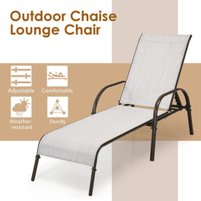 2 PCS Outdoor Chaise Lounges, 5-Position Adjustable Patio Reclining Chairs w/ Armrests, Heavy Duty Steel Sun Loungers for Pool, Yard, Beach