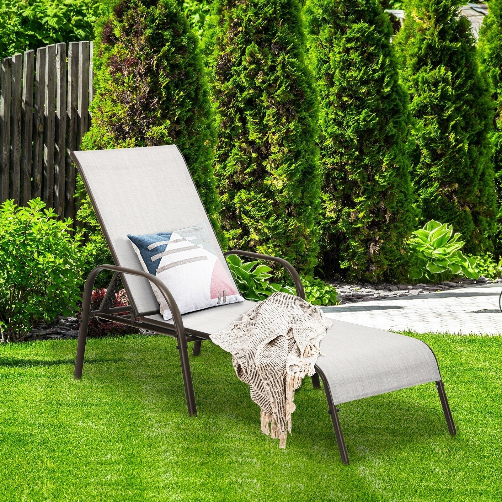 2 PCS Outdoor Chaise Lounges, 5-Position Adjustable Patio Reclining Chairs w/ Armrests, Heavy Duty Steel Sun Loungers for Pool, Yard, Beach