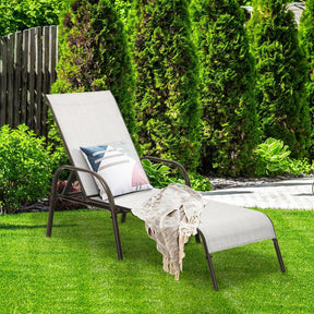 2 PCS Outdoor Chaise Lounges, 5-Position Adjustable Patio Reclining Chairs w/ Armrests, Heavy Duty Steel Sun Loungers for Pool, Yard, Beach
