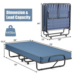 Twin Folding Bed w/ 5" Memory Foam Mattress, Portable Rollaway Guest Bed on Wheels, Heavy Duty Steel Frame, Space-Saving Design, Made in Italy