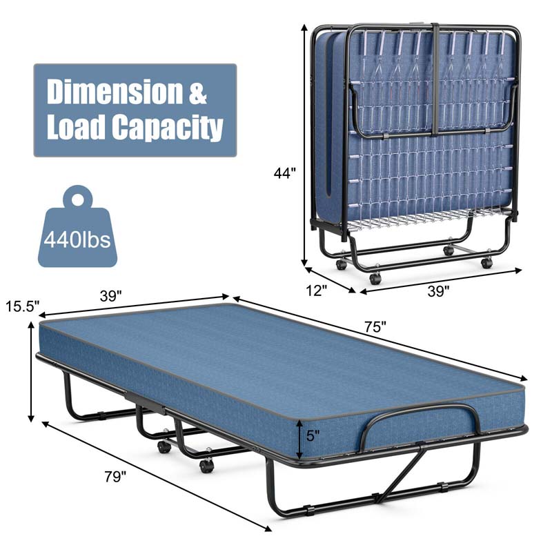 Twin Folding Bed w/ 5" Memory Foam Mattress, Portable Rollaway Guest Bed on Wheels, Heavy Duty Steel Frame, Space-Saving Design, Made in Italy