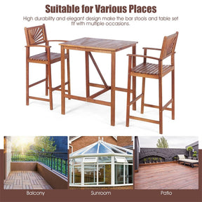 3 Pcs Acacia Wood Dining Set Outdoor Patio Bar Table Set Bistro Set with Two Bar Stools