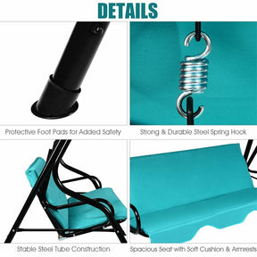 3-Person Cushioned Metal Outdoor Patio Porch Swing Chair Bench Glider with Adjustable Awing Canopy
