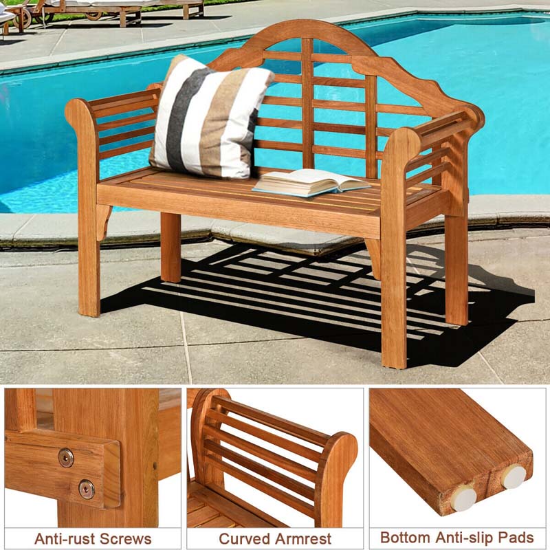 49" Folding Outdoor Eucalyptus Wood Bench, 2-Person Foldable Solid Wood Park Garden Patio Loveseat Chair with Backrest & Armrests for Porch Backyard