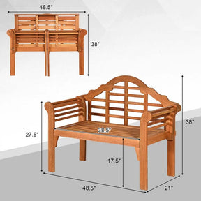 49" Folding Outdoor Eucalyptus Wood Bench, 2-Person Foldable Solid Wood Park Garden Patio Loveseat Chair with Backrest & Armrests for Porch Backyard