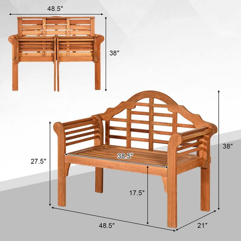 49" Folding Outdoor Eucalyptus Wood Bench, 2-Person Foldable Solid Wood Park Garden Patio Loveseat Chair with Backrest & Armrests for Porch Backyard