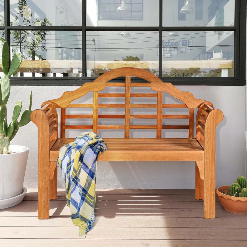 49" Folding Outdoor Eucalyptus Wood Bench, 2-Person Foldable Solid Wood Park Garden Patio Loveseat Chair with Backrest & Armrests for Porch Backyard