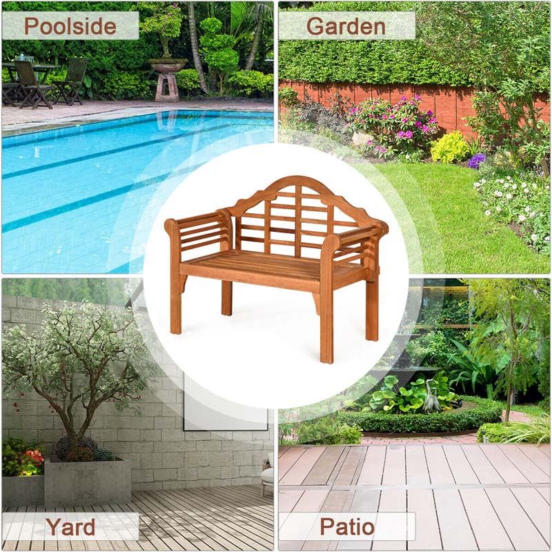 49" Folding Outdoor Eucalyptus Wood Bench, 2-Person Foldable Solid Wood Park Garden Patio Loveseat Chair with Backrest & Armrests for Porch Backyard