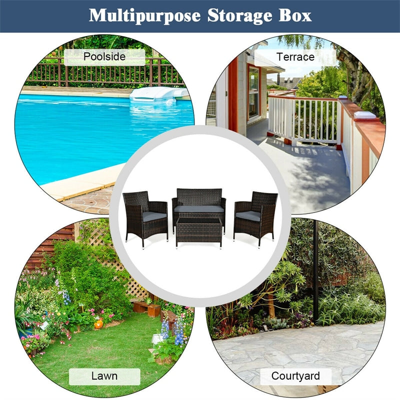 4 Piece Wicker Patio Conversation Set with Tempered Glass Coffee Table, Loveseat & Cushions, Outdoor Rattan Sofa Set for Backyard Lawn