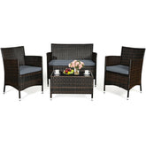 4 Piece Wicker Patio Conversation Set with Tempered Glass Coffee Table, Loveseat & Cushions, Outdoor Rattan Sofa Set for Backyard Lawn