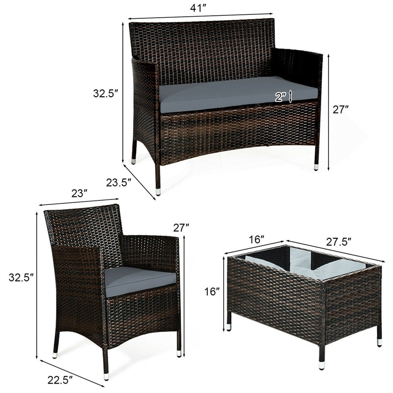 4 Piece Wicker Patio Conversation Set with Tempered Glass Coffee Table, Loveseat & Cushions, Outdoor Rattan Sofa Set for Backyard Lawn