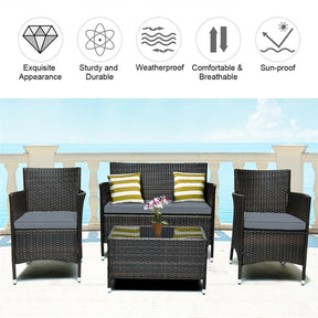 4 Piece Wicker Patio Conversation Set with Tempered Glass Coffee Table, Loveseat & Cushions, Outdoor Rattan Sofa Set for Backyard Lawn