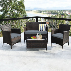 4 Piece Wicker Patio Conversation Set with Tempered Glass Coffee Table, Loveseat & Cushions, Outdoor Rattan Sofa Set for Backyard Lawn
