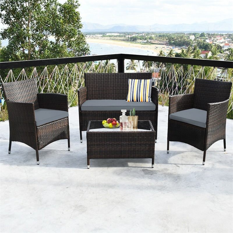 4 Piece Wicker Patio Conversation Set with Tempered Glass Coffee Table, Loveseat & Cushions, Outdoor Rattan Sofa Set for Backyard Lawn