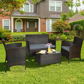 4 Piece Wicker Patio Conversation Set with Tempered Glass Coffee Table, Loveseat & Cushions, Outdoor Rattan Sofa Set for Backyard Lawn
