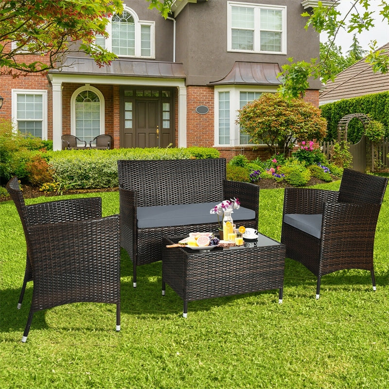 4 Piece Wicker Patio Conversation Set with Tempered Glass Coffee Table, Loveseat & Cushions, Outdoor Rattan Sofa Set for Backyard Lawn