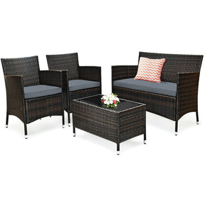 4 Piece Wicker Patio Conversation Set with Tempered Glass Coffee Table, Loveseat & Cushions, Outdoor Rattan Sofa Set for Backyard Lawn