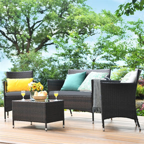 4 Piece Wicker Patio Conversation Set with Tempered Glass Coffee Table, Loveseat & Cushions, Outdoor Rattan Sofa Set for Backyard Lawn