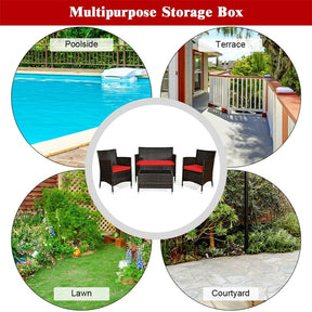 4 Piece Wicker Patio Conversation Set with Tempered Glass Coffee Table, Loveseat & Cushions, Outdoor Rattan Sofa Set for Backyard Lawn