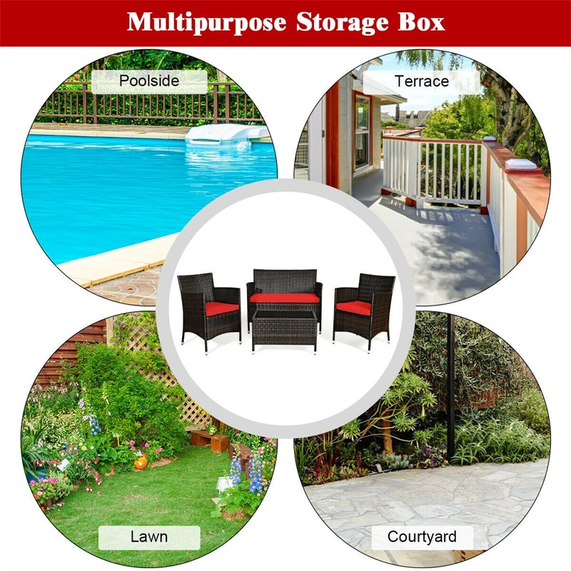 4 Piece Wicker Patio Conversation Set with Tempered Glass Coffee Table, Loveseat & Cushions, Outdoor Rattan Sofa Set for Backyard Lawn