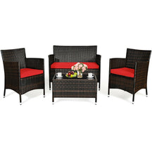 4 Piece Wicker Patio Conversation Set with Tempered Glass Coffee Table, Loveseat & Cushions, Outdoor Rattan Sofa Set for Backyard Lawn