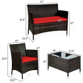 4 Piece Wicker Patio Conversation Set with Tempered Glass Coffee Table, Loveseat & Cushions, Outdoor Rattan Sofa Set for Backyard Lawn