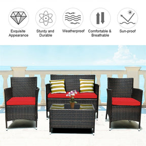 4 Piece Wicker Patio Conversation Set with Tempered Glass Coffee Table, Loveseat & Cushions, Outdoor Rattan Sofa Set for Backyard Lawn