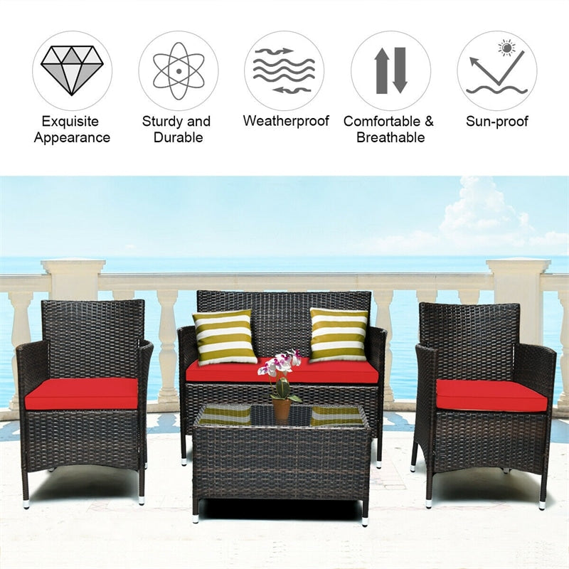 4 Piece Wicker Patio Conversation Set with Tempered Glass Coffee Table, Loveseat & Cushions, Outdoor Rattan Sofa Set for Backyard Lawn