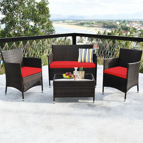 4 Piece Wicker Patio Conversation Set with Tempered Glass Coffee Table, Loveseat & Cushions, Outdoor Rattan Sofa Set for Backyard Lawn