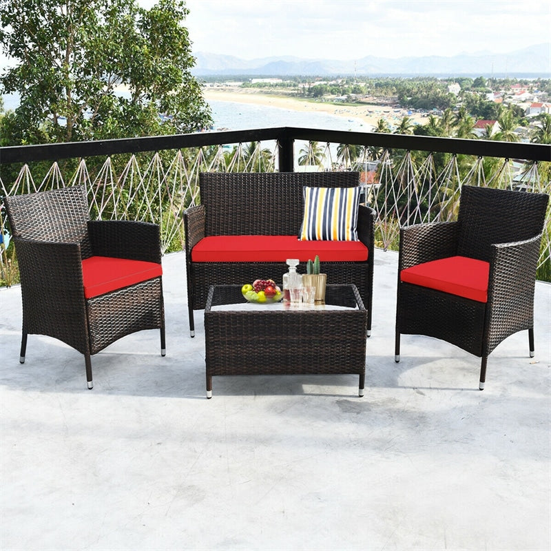 4 Piece Wicker Patio Conversation Set with Tempered Glass Coffee Table, Loveseat & Cushions, Outdoor Rattan Sofa Set for Backyard Lawn