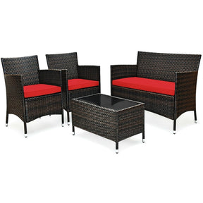 4 Piece Wicker Patio Conversation Set with Tempered Glass Coffee Table, Loveseat & Cushions, Outdoor Rattan Sofa Set for Backyard Lawn