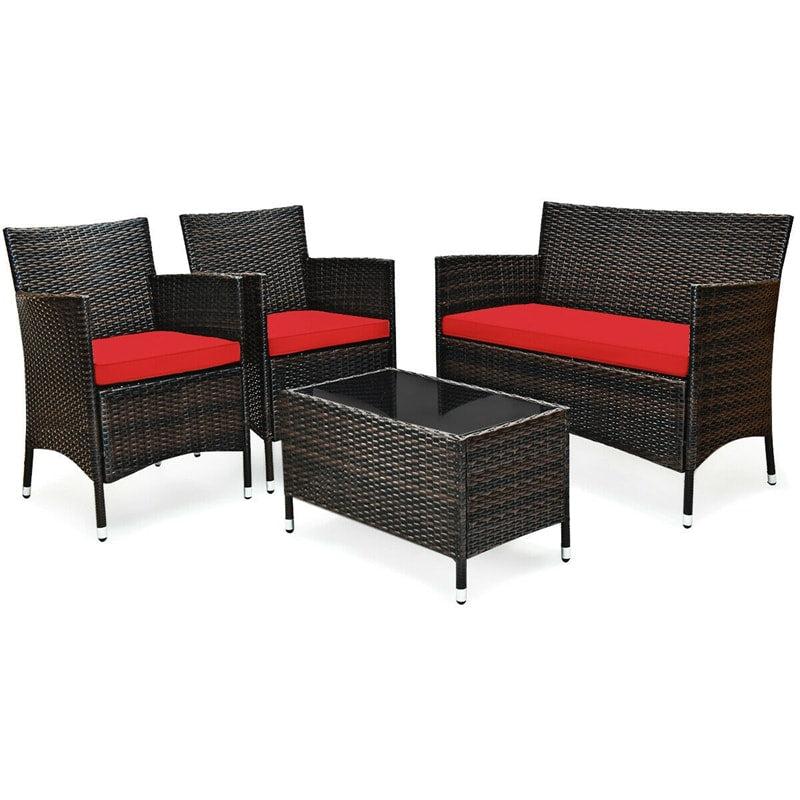 4 Piece Wicker Patio Conversation Set with Tempered Glass Coffee Table, Loveseat & Cushions, Outdoor Rattan Sofa Set for Backyard Lawn