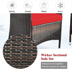 4 Piece Wicker Patio Conversation Set with Tempered Glass Coffee Table, Loveseat & Cushions, Outdoor Rattan Sofa Set for Backyard Lawn