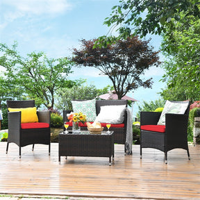 4 Piece Wicker Patio Conversation Set with Tempered Glass Coffee Table, Loveseat & Cushions, Outdoor Rattan Sofa Set for Backyard Lawn