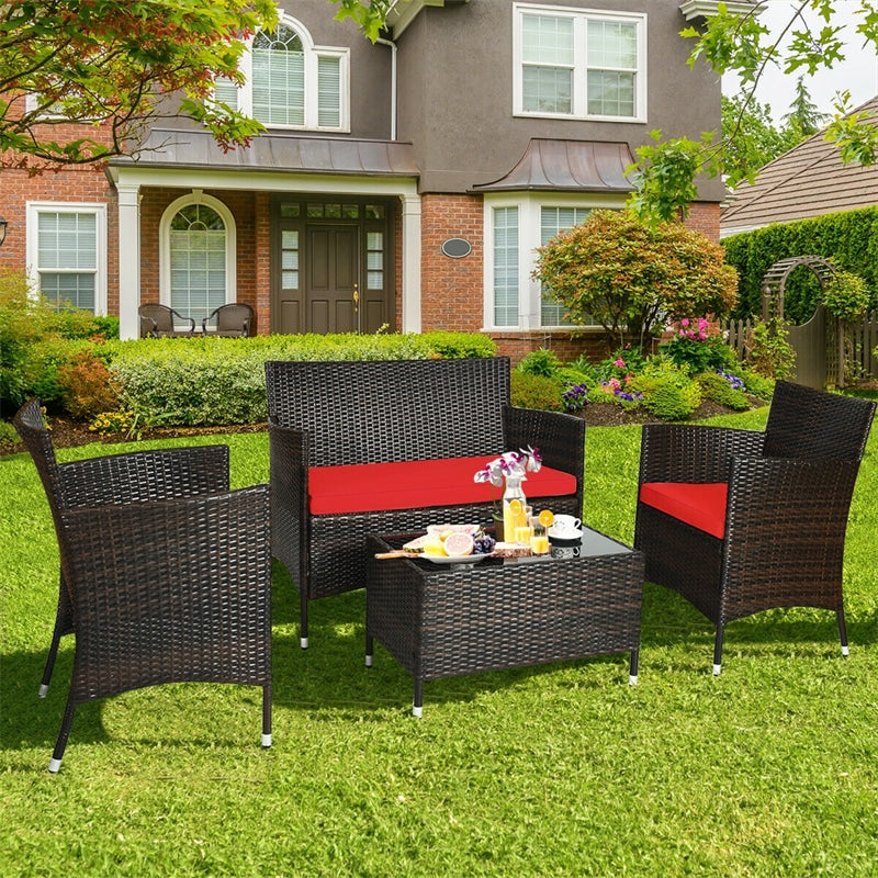 4 Piece Wicker Patio Conversation Set with Tempered Glass Coffee Table, Loveseat & Cushions, Outdoor Rattan Sofa Set for Backyard Lawn