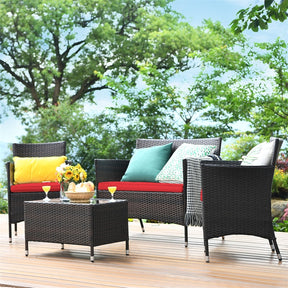 4 Piece Wicker Patio Conversation Set with Tempered Glass Coffee Table, Loveseat & Cushions, Outdoor Rattan Sofa Set for Backyard Lawn