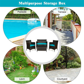 4 Piece Wicker Patio Conversation Set with Tempered Glass Coffee Table, Loveseat & Cushions, Outdoor Rattan Sofa Set for Backyard Lawn