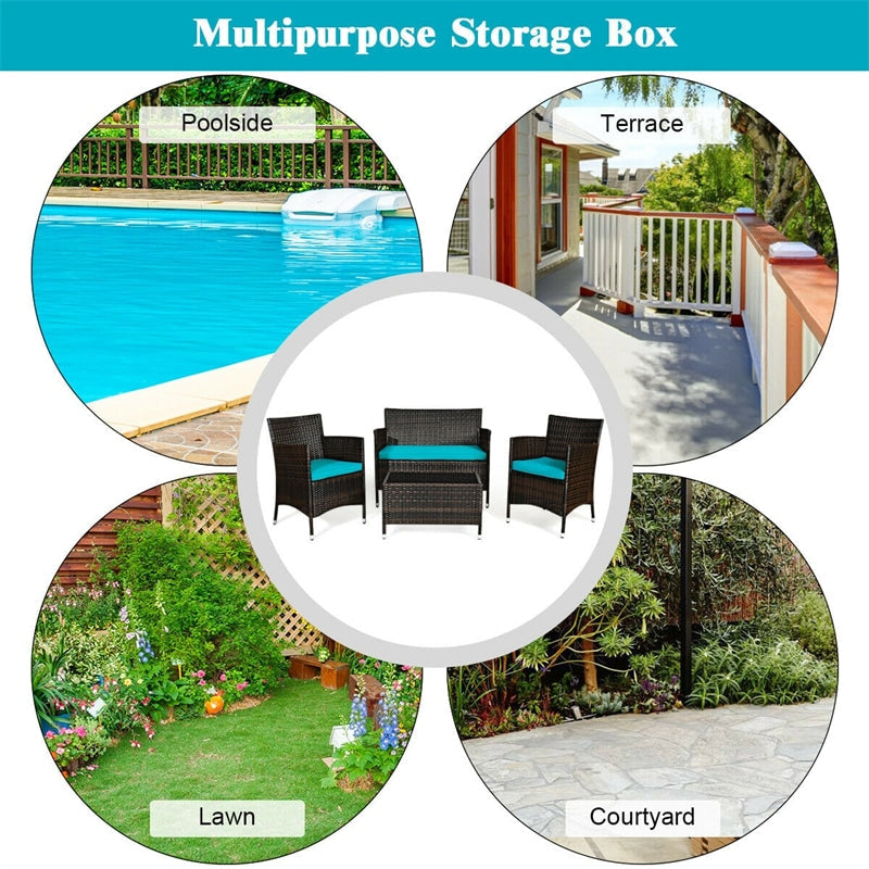 4 Piece Wicker Patio Conversation Set with Tempered Glass Coffee Table, Loveseat & Cushions, Outdoor Rattan Sofa Set for Backyard Lawn