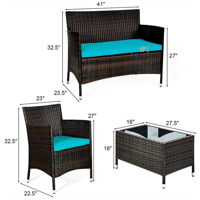 4 Piece Wicker Patio Conversation Set with Tempered Glass Coffee Table, Loveseat & Cushions, Outdoor Rattan Sofa Set for Backyard Lawn