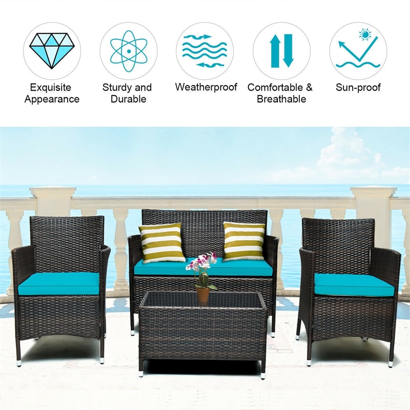 4 Piece Wicker Patio Conversation Set with Tempered Glass Coffee Table, Loveseat & Cushions, Outdoor Rattan Sofa Set for Backyard Lawn