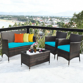 4 Piece Wicker Patio Conversation Set with Tempered Glass Coffee Table, Loveseat & Cushions, Outdoor Rattan Sofa Set for Backyard Lawn