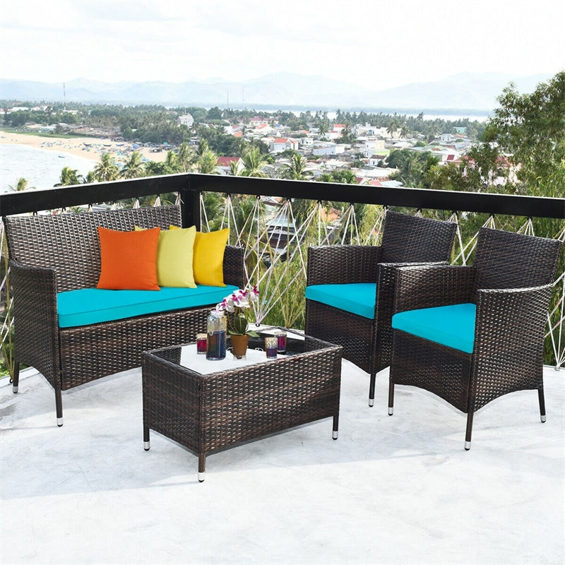 4 Piece Wicker Patio Conversation Set with Tempered Glass Coffee Table, Loveseat & Cushions, Outdoor Rattan Sofa Set for Backyard Lawn