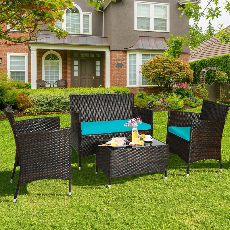 4 Piece Wicker Patio Conversation Set with Tempered Glass Coffee Table, Loveseat & Cushions, Outdoor Rattan Sofa Set for Backyard Lawn