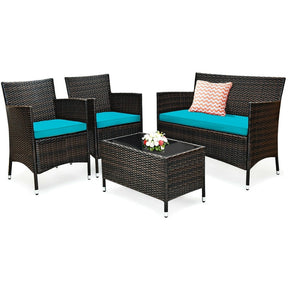 4 Piece Wicker Patio Conversation Set with Tempered Glass Coffee Table, Loveseat & Cushions, Outdoor Rattan Sofa Set for Backyard Lawn
