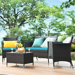 4 Piece Wicker Patio Conversation Set with Tempered Glass Coffee Table, Loveseat & Cushions, Outdoor Rattan Sofa Set for Backyard Lawn